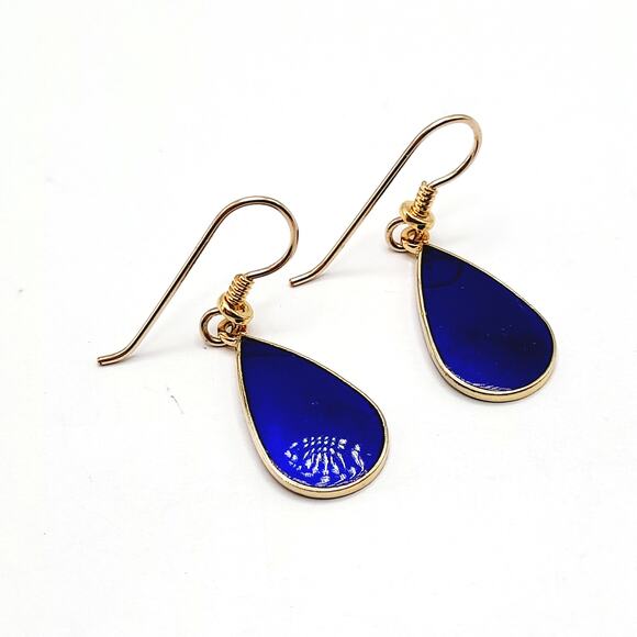 Vintage Laurel Burch "Tear" Blue Enamel Gold Plated Earrings - 1 3/8 Inches - Picture 8 of 11
